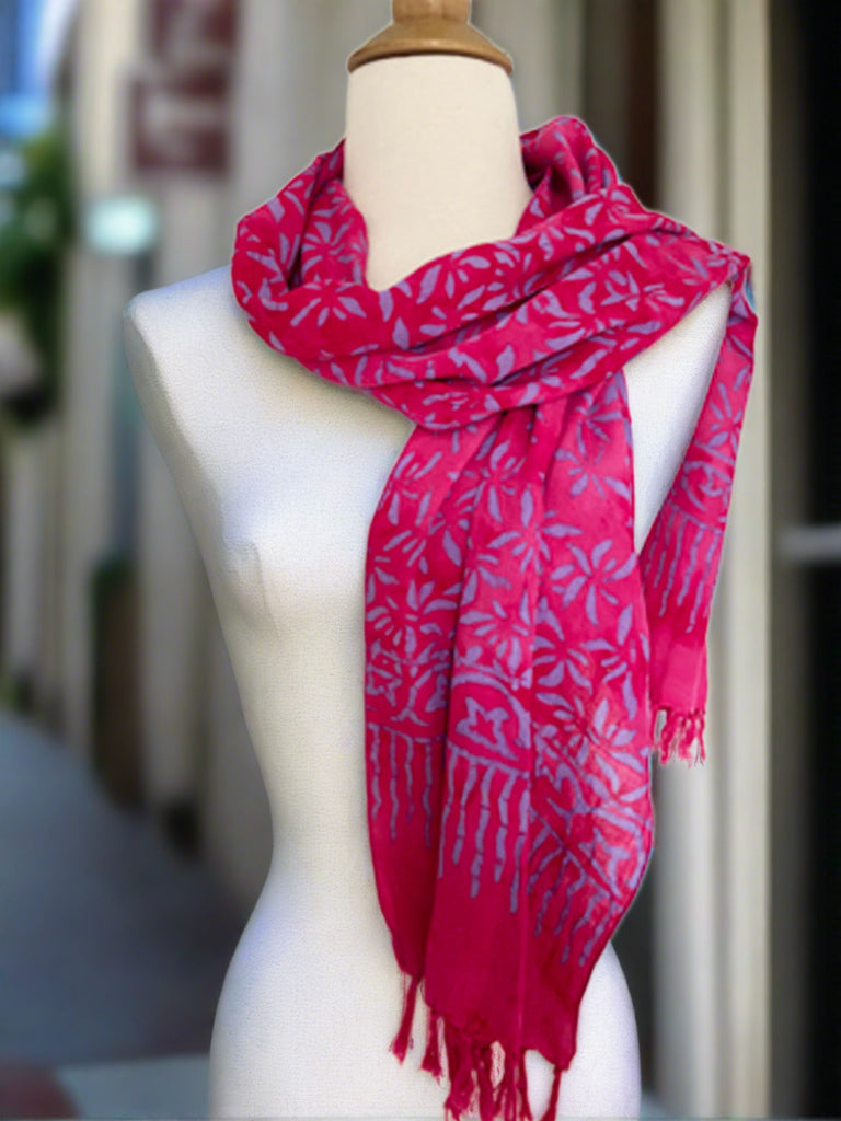 Handmade Batik Rayon Fringe Scarf - Magenta-Lavender