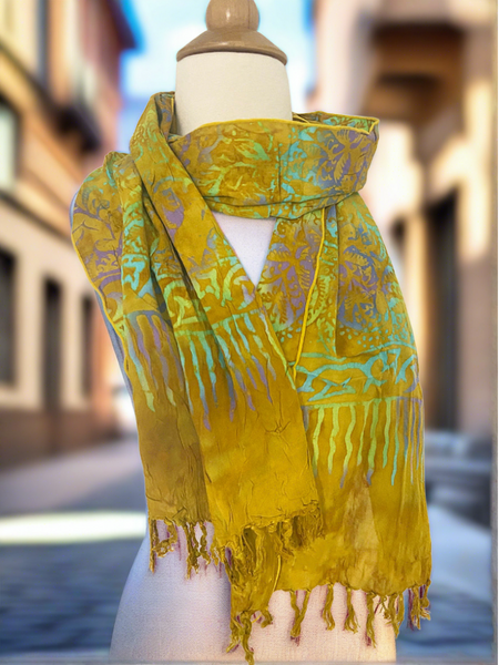 Handmade Batik Rayon Fringe Scarf - Gold-Turquoise-Purple-Lime
