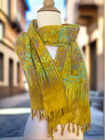 Handmade Batik Rayon Fringe Scarf - Gold-Turquoise-Purple-Lime