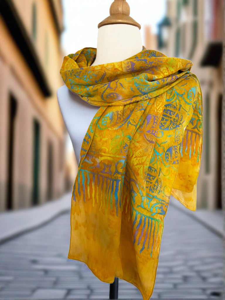 Handmade Batik Rayon Scarf - Gold-Turquoise-Purple-Lime