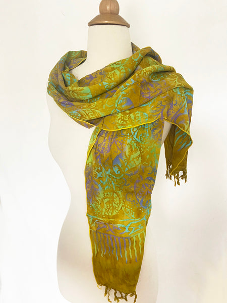 Handmade Batik Rayon Fringe Scarf - Gold-Turquoise-Purple-Lime