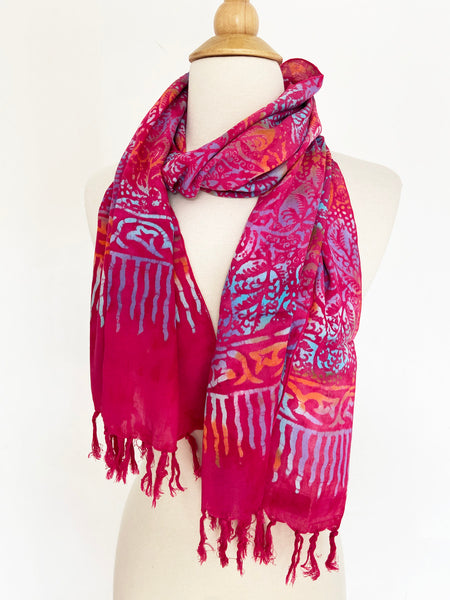 Handmade Batik Rayon Fringe Scarf - Magenta-Orange