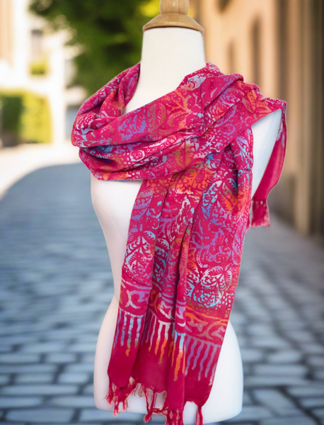 Handmade Batik Rayon Fringe Scarf - Magenta-Orange