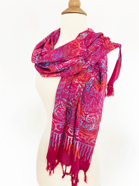 Handmade Batik Rayon Fringe Scarf - Magenta-Orange