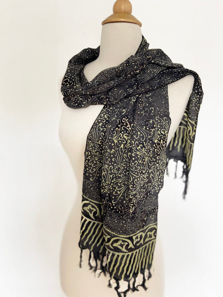 Handmade Batik Rayon Fringe Scarf - Charcoal Gray-Cream