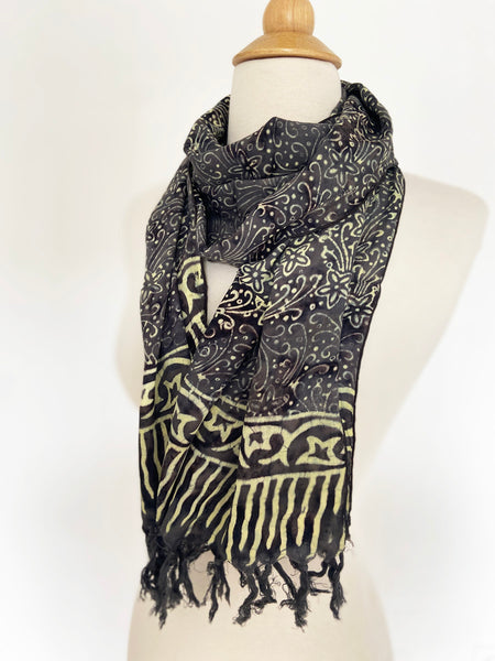 Handmade Batik Rayon Fringe Scarf - Charcoal Gray-Cream