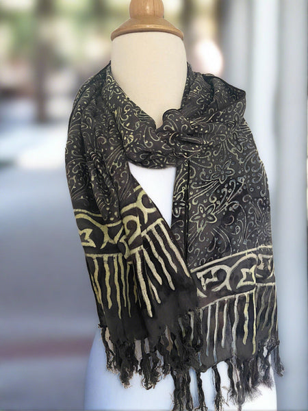 Handmade Batik Rayon Fringe Scarf - Charcoal Gray-Cream
