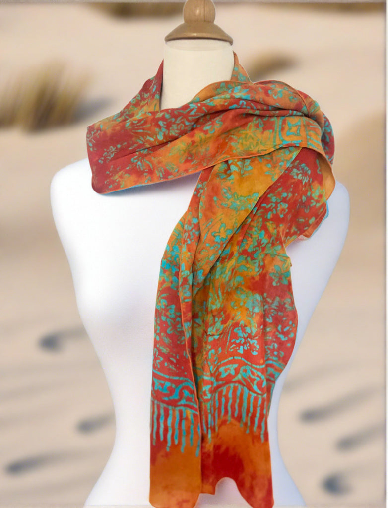 Handmade Batik Rayon Scarf - Orange-Gold-Turquoise