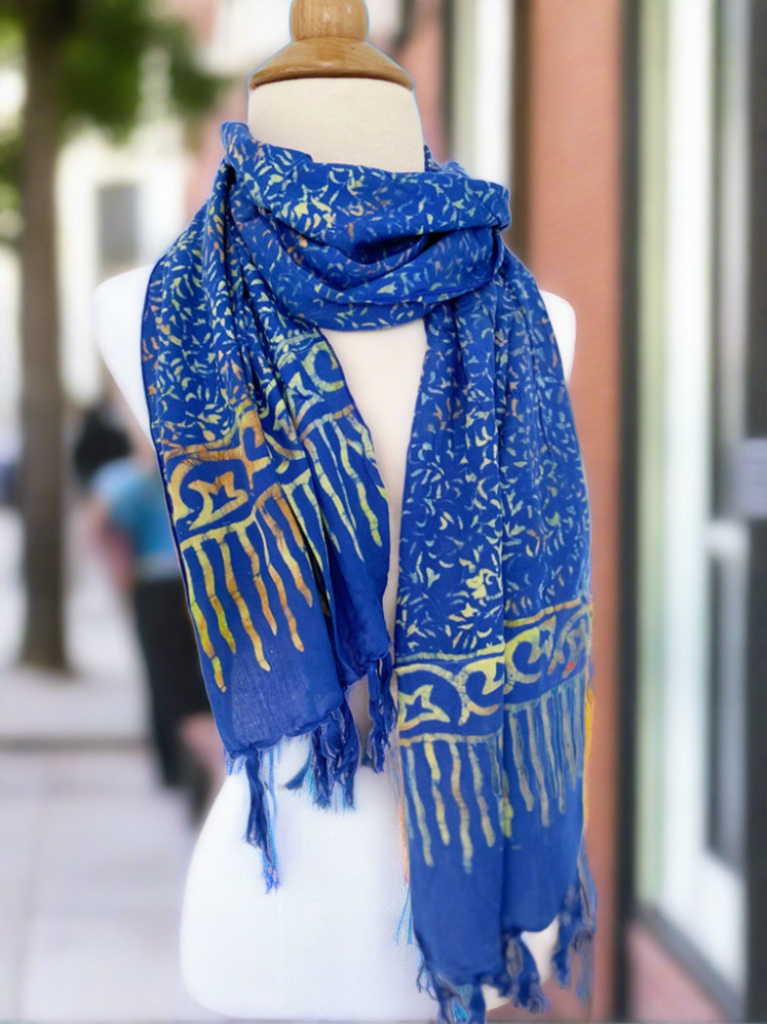 Handmade Batik Rayon Fringe Scarf - Blue Multicolored