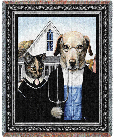 Animal Gothic-Grant Wood's American Gothic Parody Woven Throw Blanket by Melinda Copper©