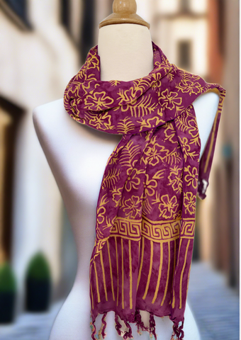Handmade Batik Rayon Fringe Scarf - Cranberry-Gold