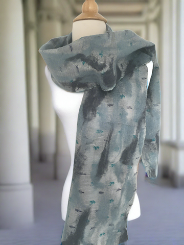 Blue-Gray Nuno Felted Merino Wool-Sari Silk Scarf|One-of-a-Kind Wearable Art