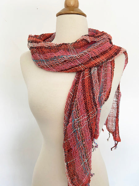 Handwoven Open Weave Cotton Scarf - Multicolor Coral, Turquoise