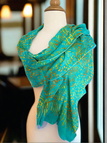 Handmade Batik Rayon Scarf - Tropical Teal-Gold-Orange