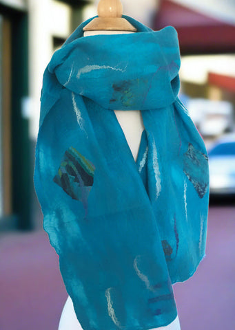 Turquoise Nuno Felted Merino Wool-Sari Silk Scarf|One-of-a-Kind Wearable Art