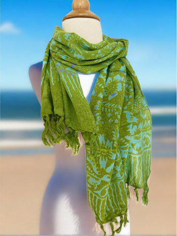 Handmade Batik Rayon Fringe Scarf - Apple Green-Blue-Plum