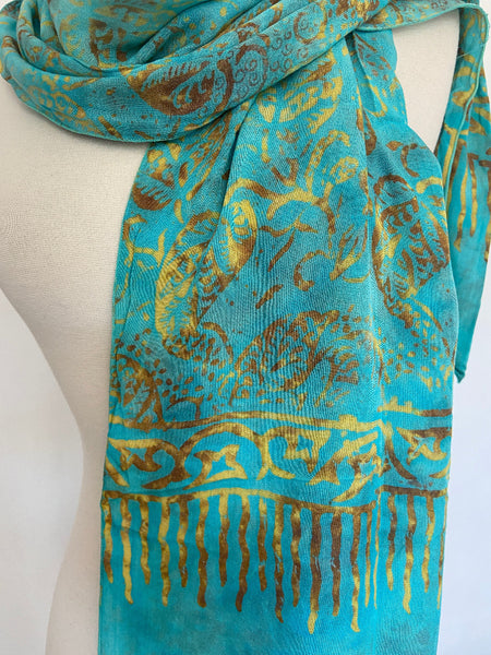 Handmade Batik Rayon Scarf - Tropical Teal-Gold