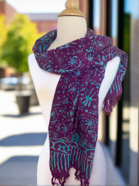 Handmade Batik Rayon Fringe Scarf - Plum-Turquoise