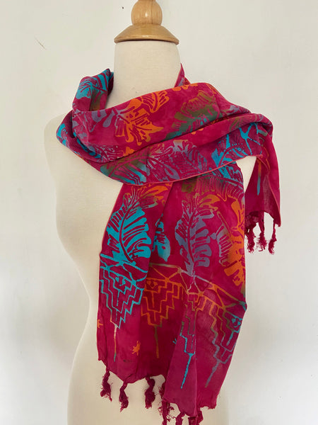 Handmade Batik Rayon Fringe Scarf - Magenta-Orange