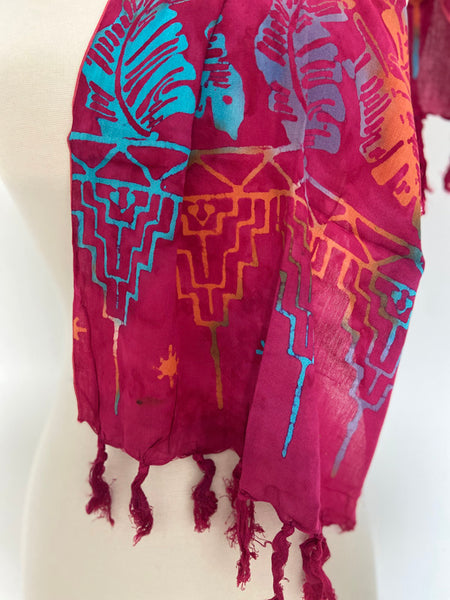 Handmade Batik Rayon Fringe Scarf - Magenta-Orange