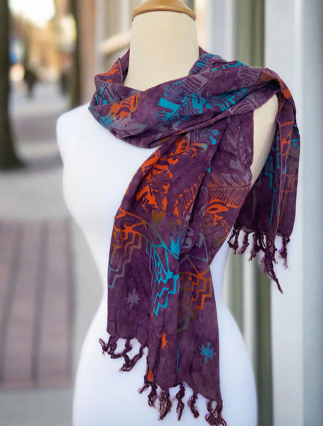 Handmade Batik Rayon Fringe Scarf - Purple-Orange