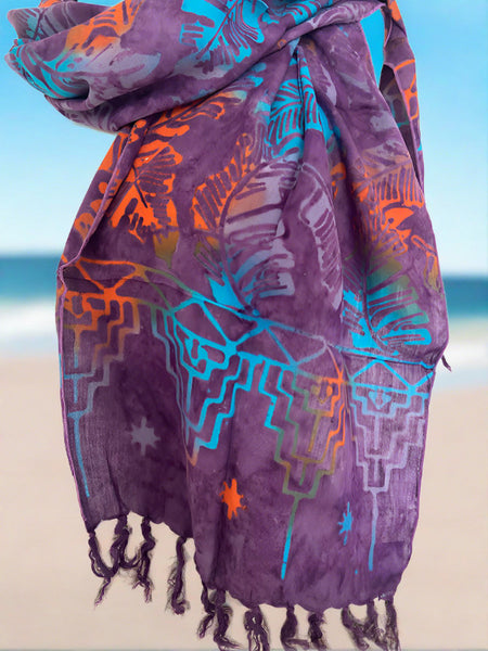 Handmade Batik Rayon Fringe Scarf - Purple-Orange