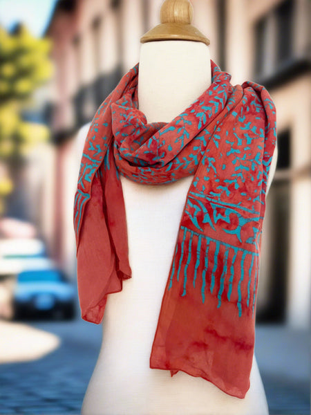 Handmade Batik Rayon Scarf - Lt Salmon-Turquoise