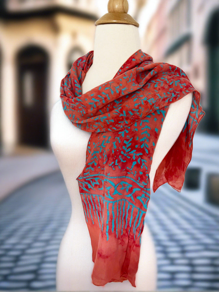 Handmade Batik Rayon Scarf - Lt Salmon-Turquoise