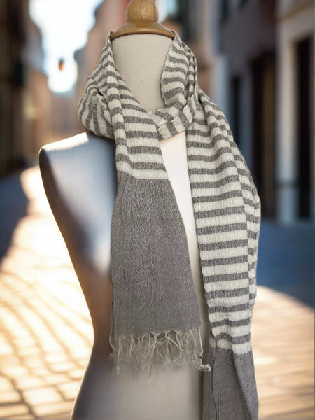 French Stripe Light Gray and White Rayon Fringe Scarf
