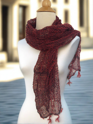 Handwoven Open Weave Cotton Scarf - Red-Black