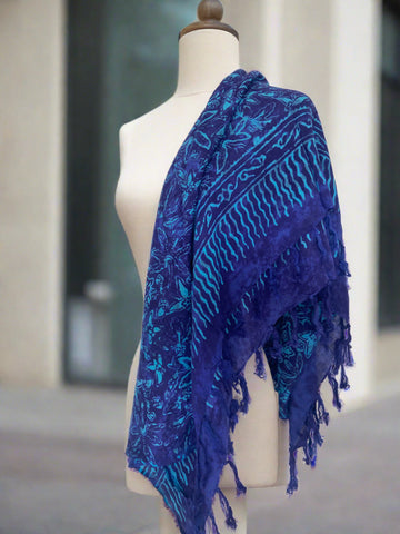 Batik Rayon Sarong with Fringed Ends - Purple Sky Blue