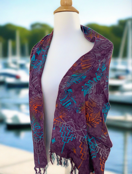 Handmade Batik Rayon Fringe Scarf - Purple-Orange