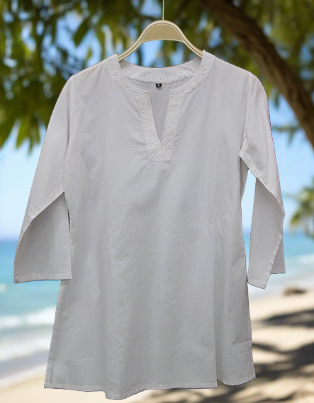 White Montserrat Cotton Kurti Tunic - White w/Embroidery