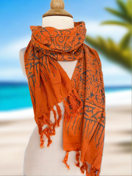 Handmade Batik Rayon Fringe Scarf - Orange-Blue Gray