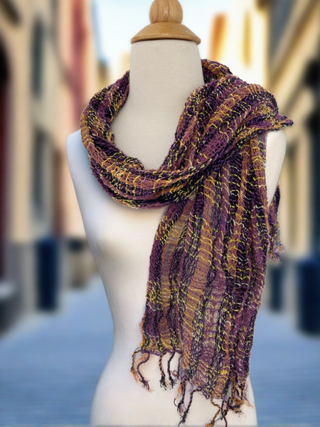Handwoven Open Weave Cotton Scarf - Multi Black-Purple-Gold