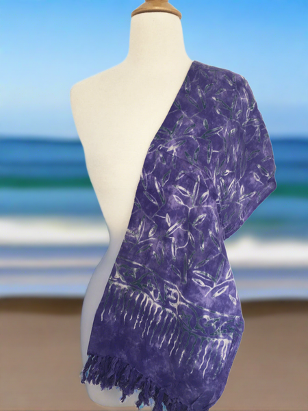 Batik Rayon Sarong with Fringed Ends - Purple Green White