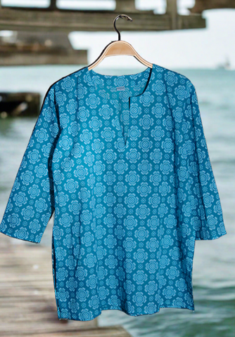 Kurti Cotton Tunic - Turquoise/White