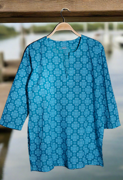 Kurti Cotton Tunic - Turquoise/White