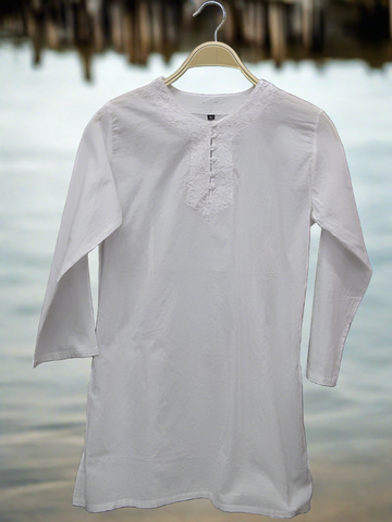 White Tobago Cotton Kurti Tunic - White w/Embroidery
