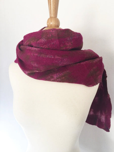 Berry Nuno Felted Merino Wool-Silk Sari Scarf|One-of-a-Kind Wearable Art