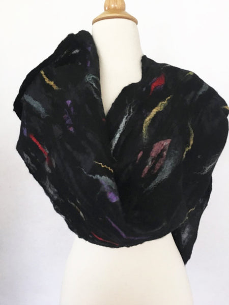 Black Nuno Felted Merino Wool-Sari Silk Scarf|One-of-a-Kind Wearable Art