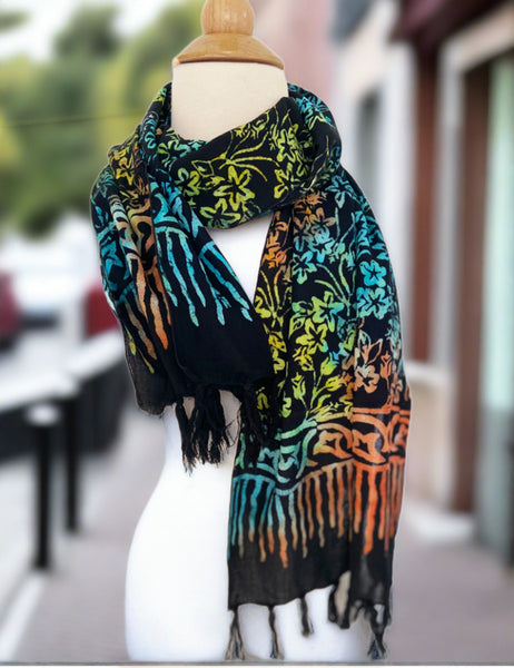 Handmade Batik Rayon Fringe Scarf - Black Multi