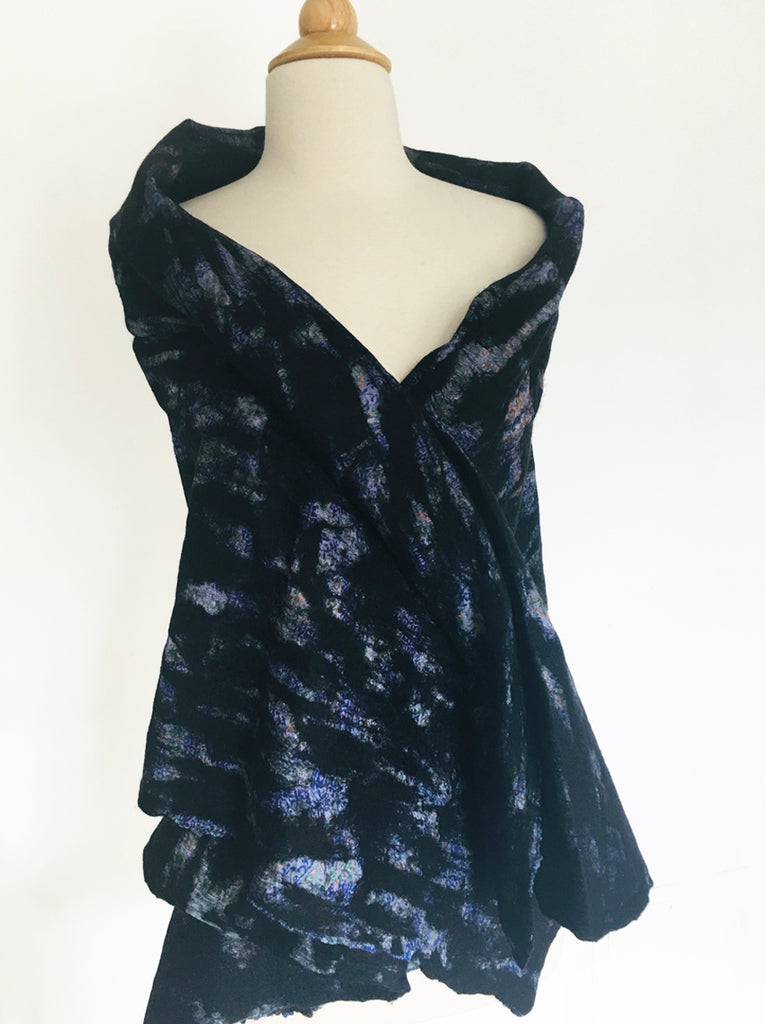 Black-Iridescent Nuno Felted Wool-Sari Silk "Shawl-Stole"|One-of-a-Kind Wearable Art