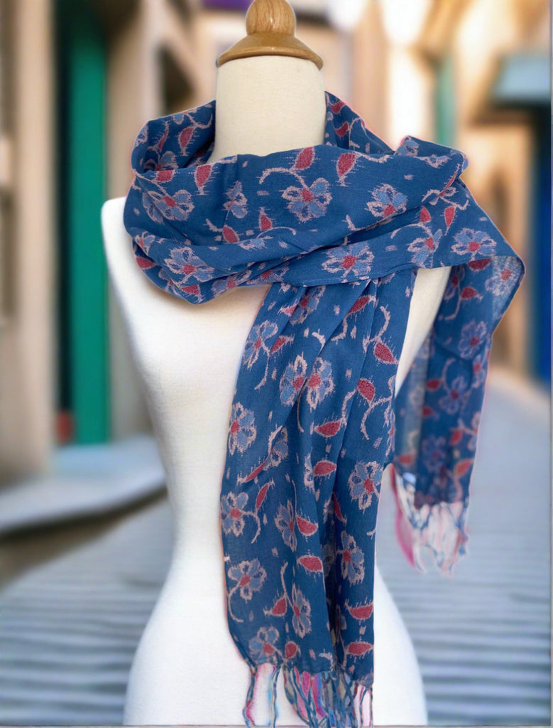 Ikat Thai Cotton Scarf with Fringe - Multi Blue