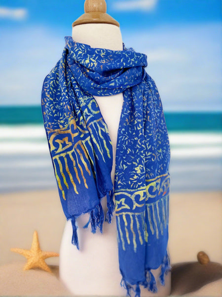 Handmade Batik Rayon Fringe Scarf - Blue Multicolored
