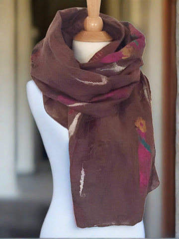 Chocolate Brown Nuno Felted Merino Wool-Sari Silk "Shawl-Stole"|One-of-a-Kind Wearable Art