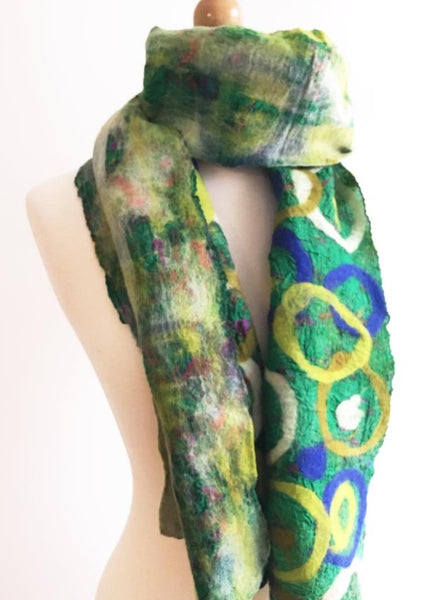 Grass Felted Sari Circle Scarf|One-of-a-Kind Wearable Art