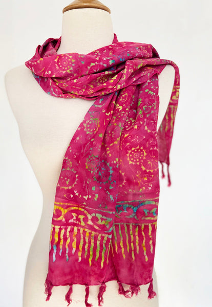 Handmade Batik Rayon Fringe Scarf - Dark Pink Multi