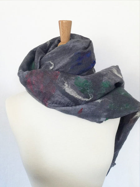 Dove Gray Nuno Felted Merino Wool-Sari Silk "Shawl-Stole"|One-of-a-Kind Wearable Art