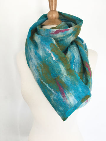 Abstract Paint II Nuno Felted Merino Wool-Sari Silk Scarf|One-of-a-Kind Wearable Art